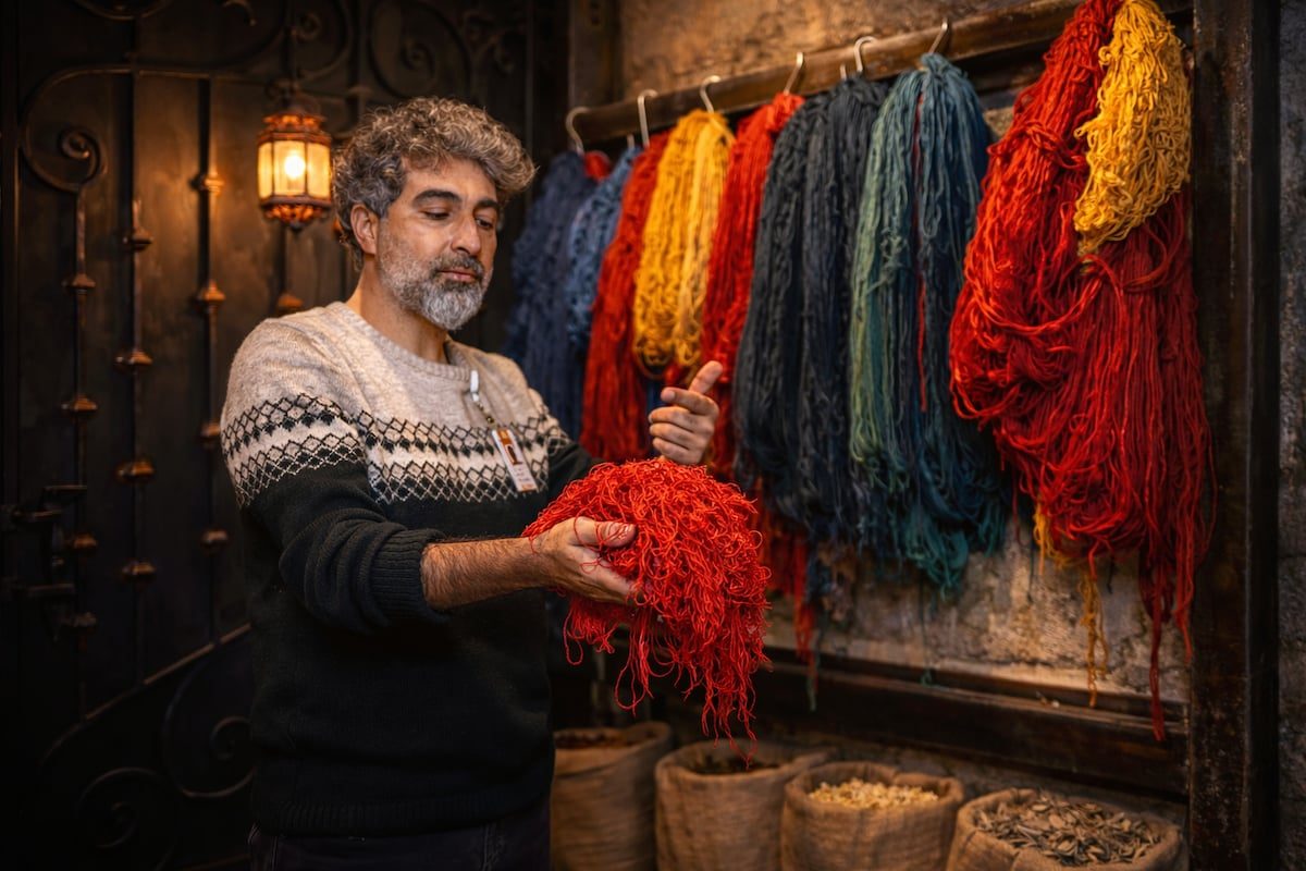 İsrafil holding hand-dyed red wool